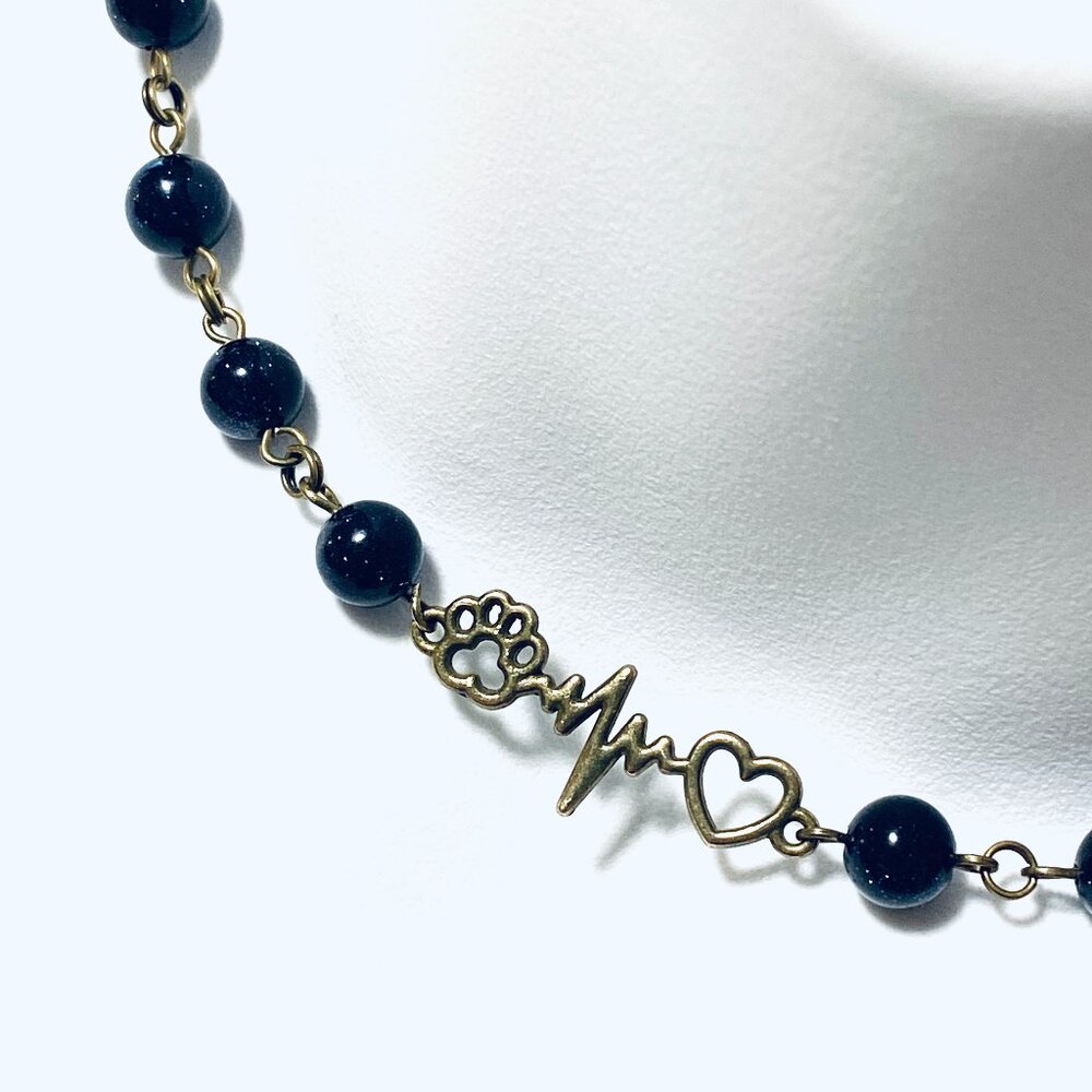 Dark Blue Goldstone Bronze Adjustable Short Necklace+ Paw Print Heart Beat Charm